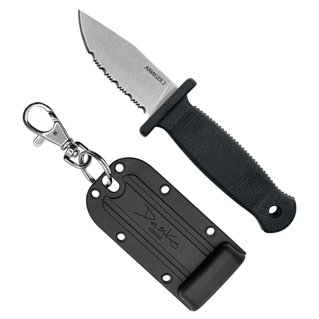 Armiger 2 black fixed blade serrated knife with sheath and keychain clip.