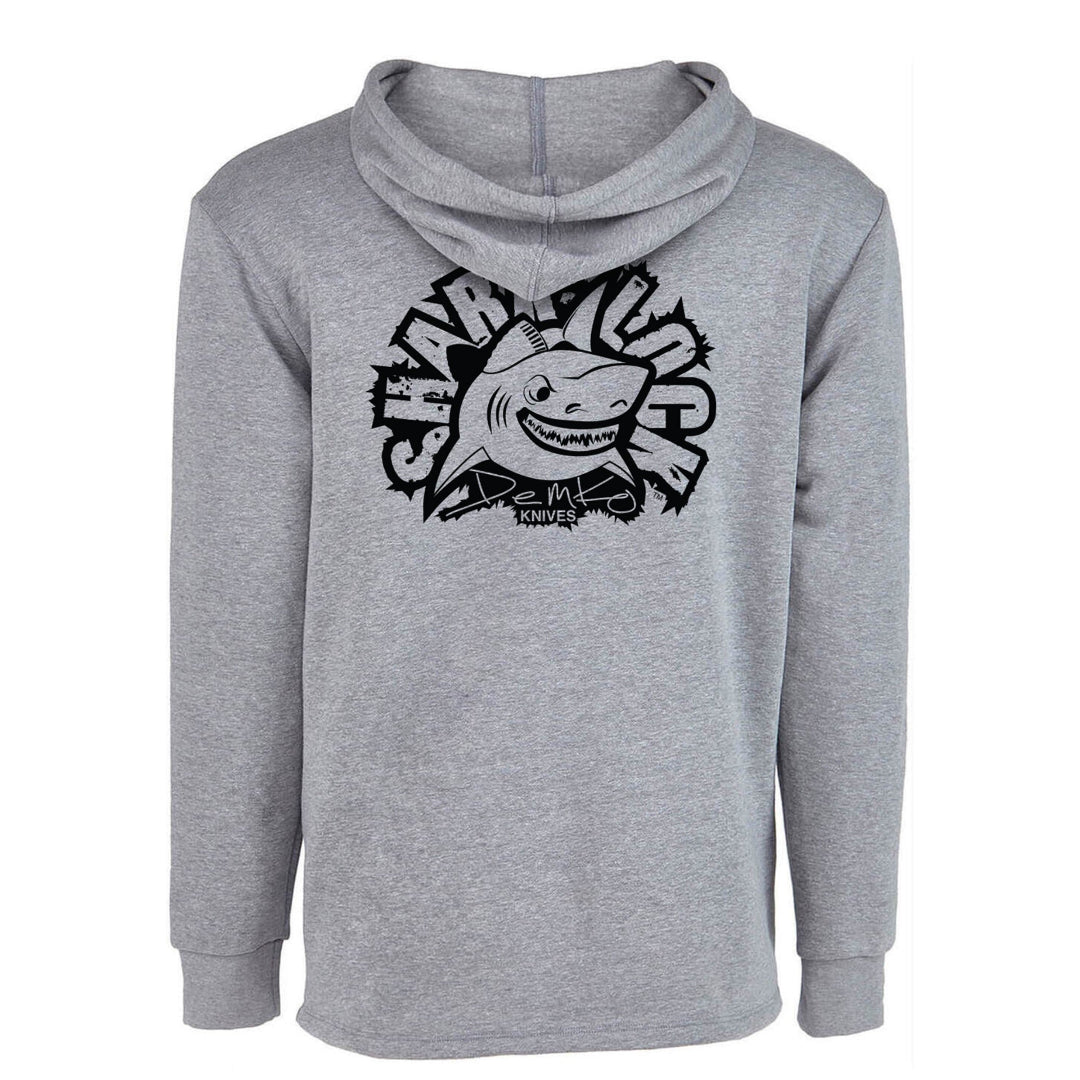 Gray hoodie with shark logo and Demko Knives signature logo on a white background.