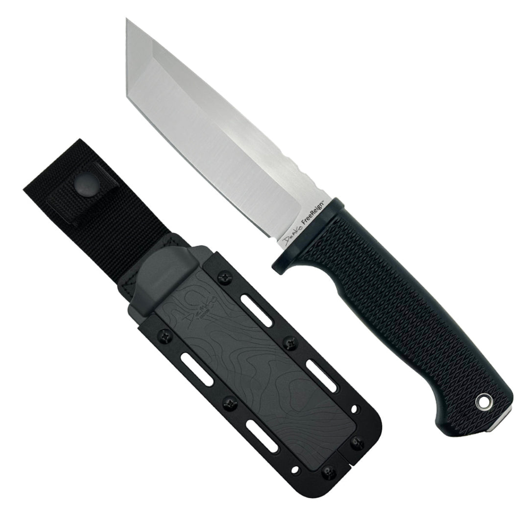A fixed blade knife with a Tanto blade shape, featuring a black rubberized handle and a AUS10A blade and sheath.