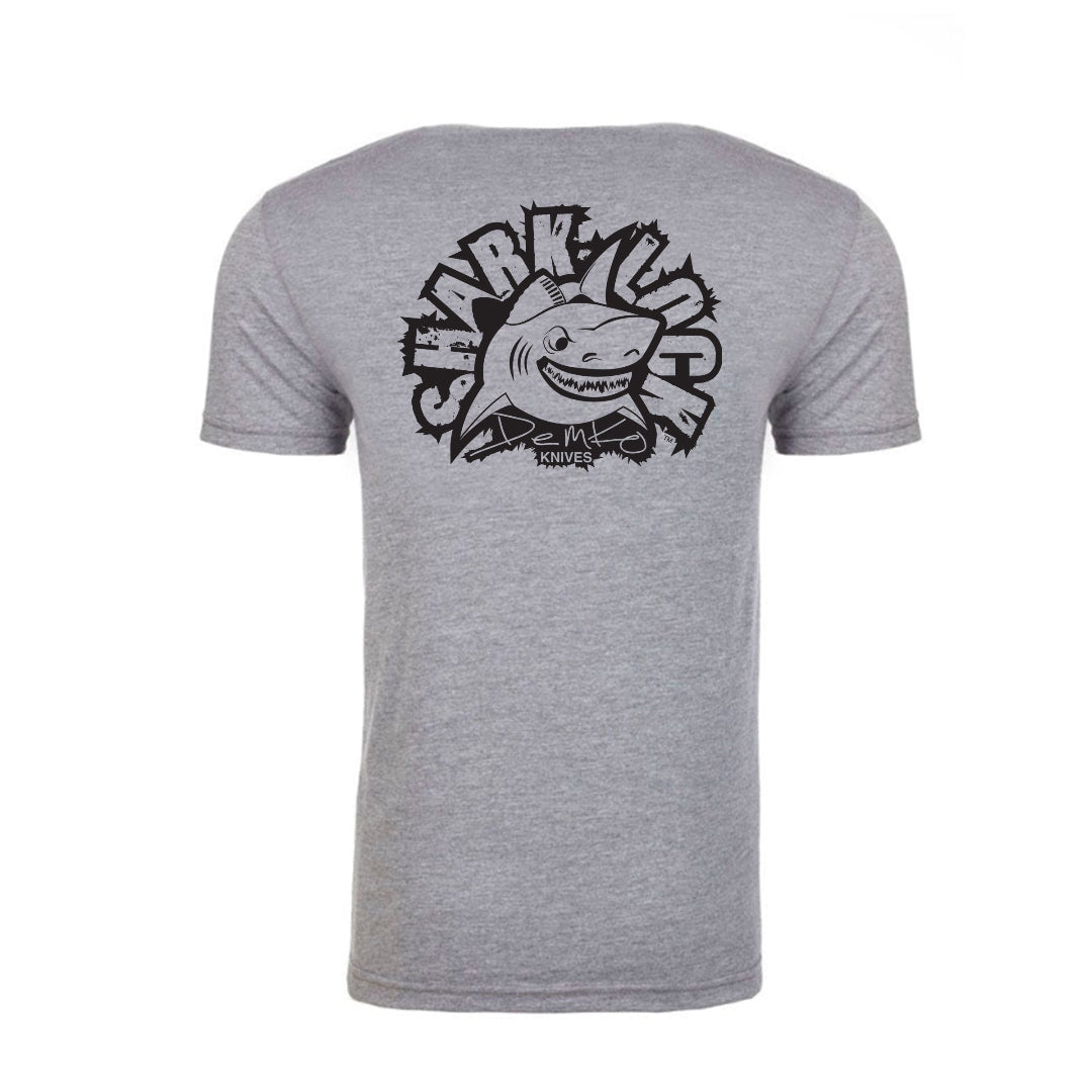 Gray t-shirt with a black Demko shark-lock logo printed across the back.