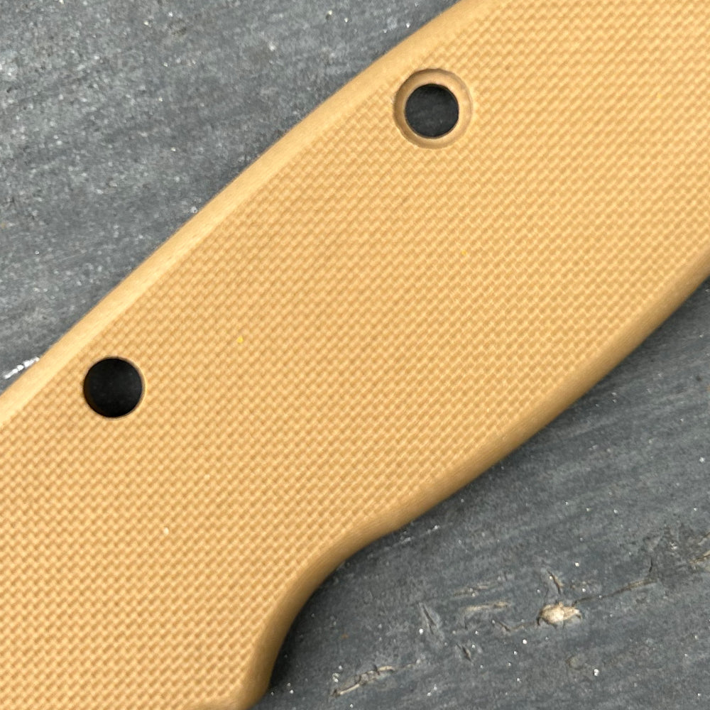 Close-up of brown peel-ply texture G10 replacement scales for AD20 folding knife.