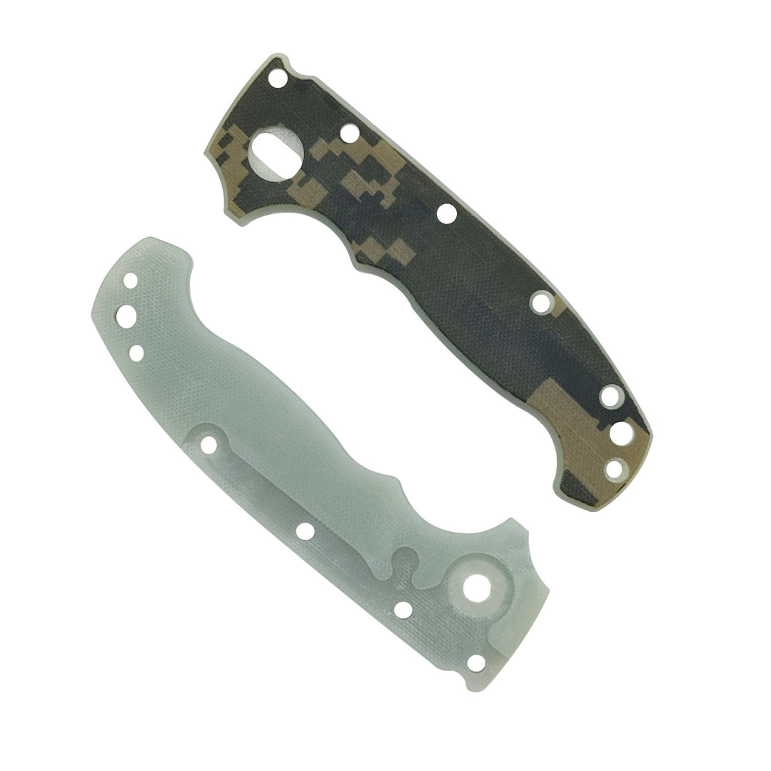 A set of AD20 G10 digital camouflage, pattern 1, knife scales with a peel ply texture.