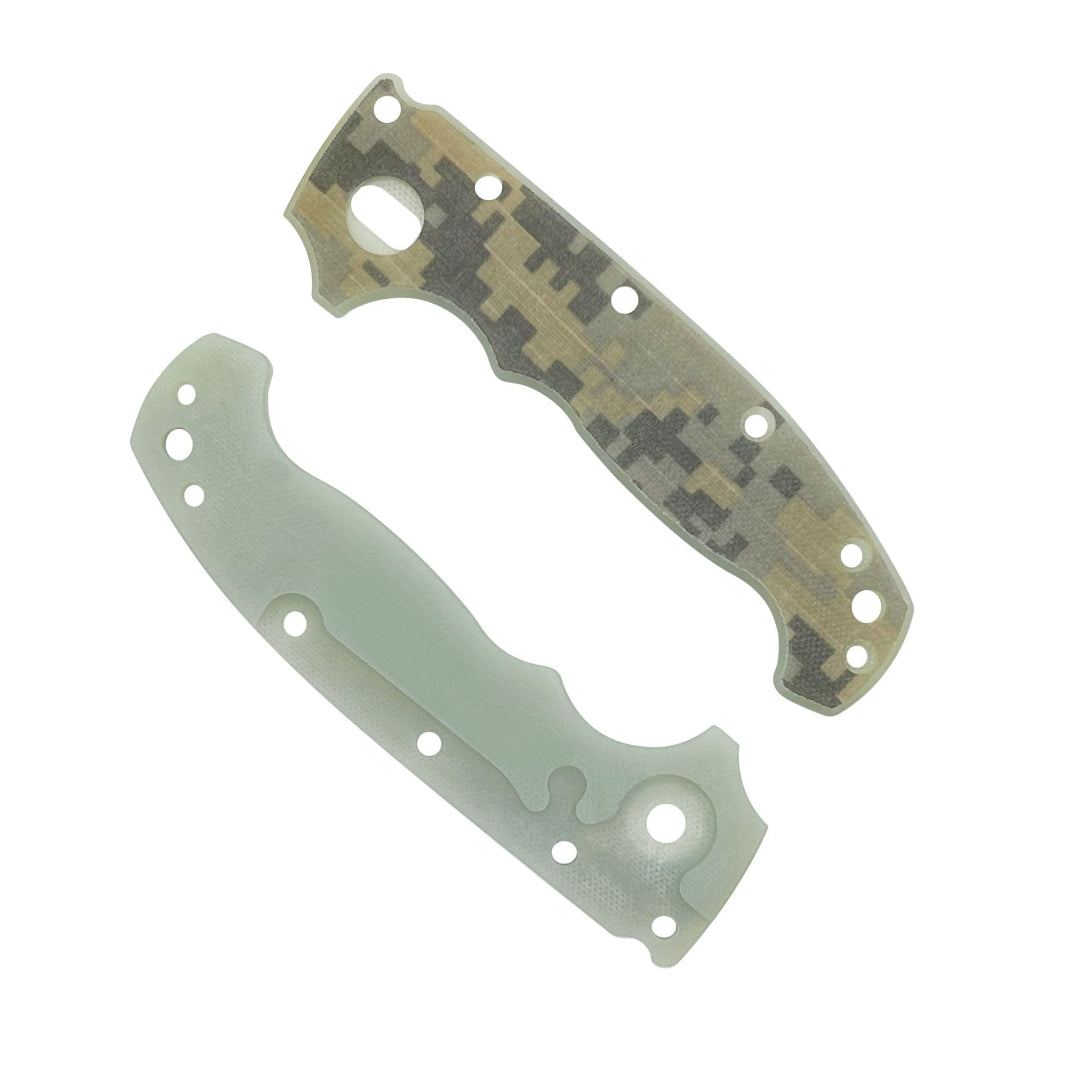 A set of AD20 G10 digital camouflage, pattern 2, knife scales with a peel ply texture.