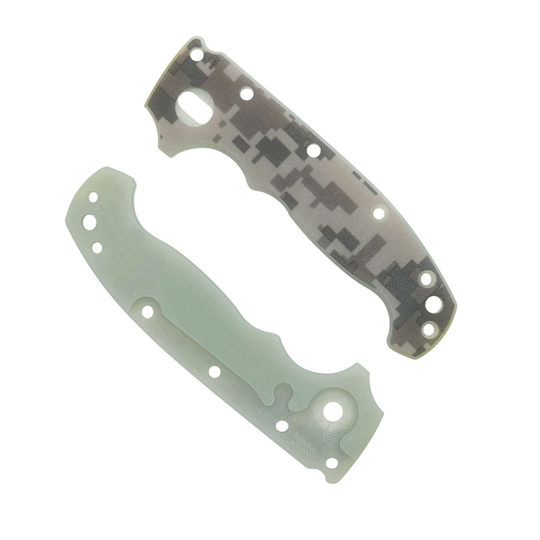 A set of AD20 G10 digital camouflage, pattern 3, knife scales with a peel ply texture.