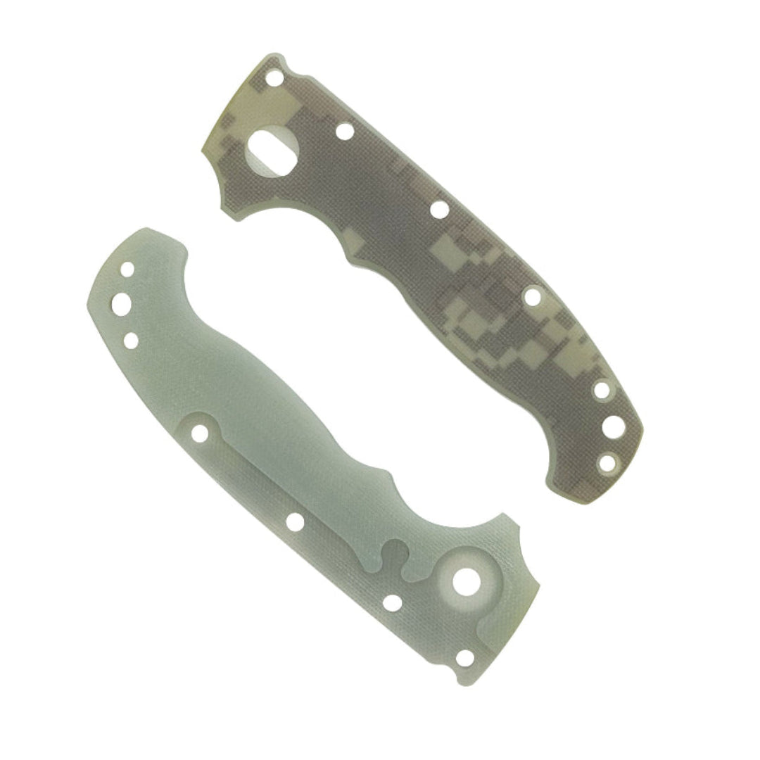 A set of AD20 G10 digital camouflage, pattern 4, knife scales with a peel ply texture.