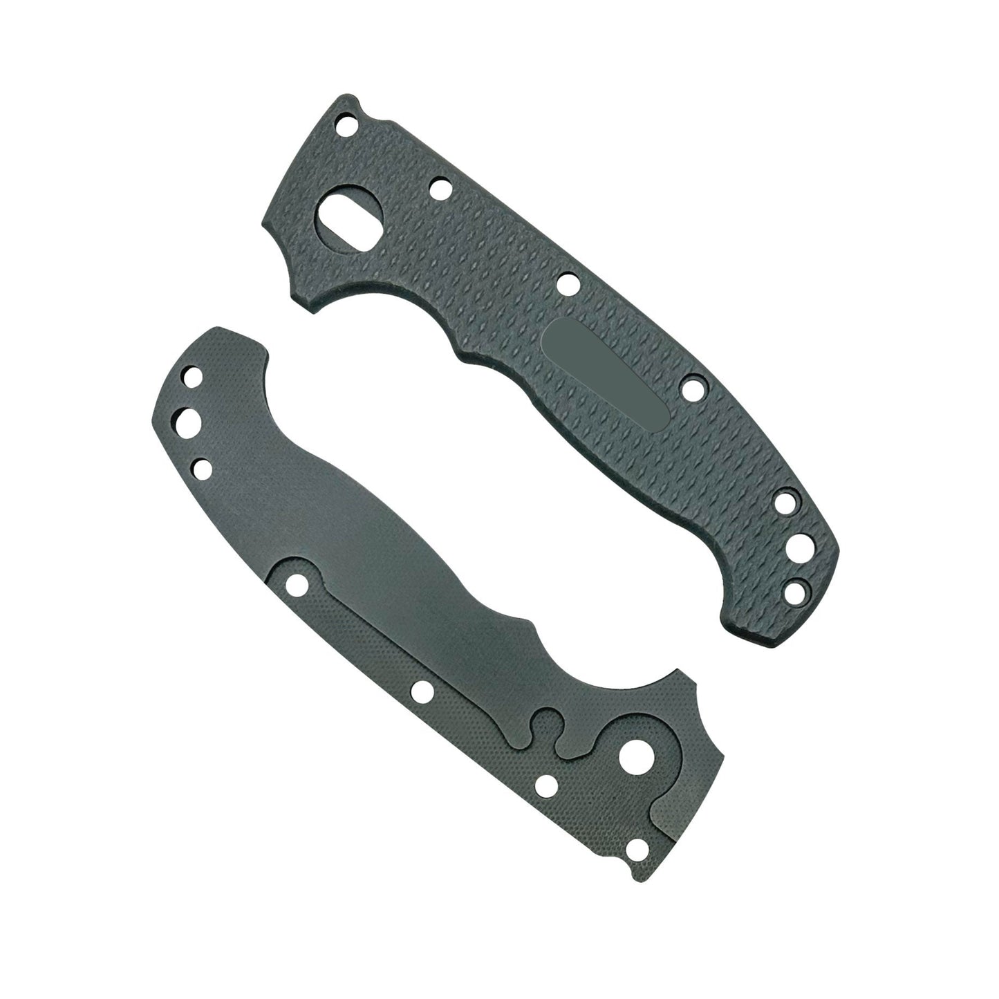 Two grey Grivory handle scales for folding knives with a diamond pattern texture.