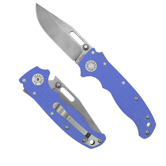 AD20.5 Blue #2 G10 folding knife with a 20CV steel clip point blade.