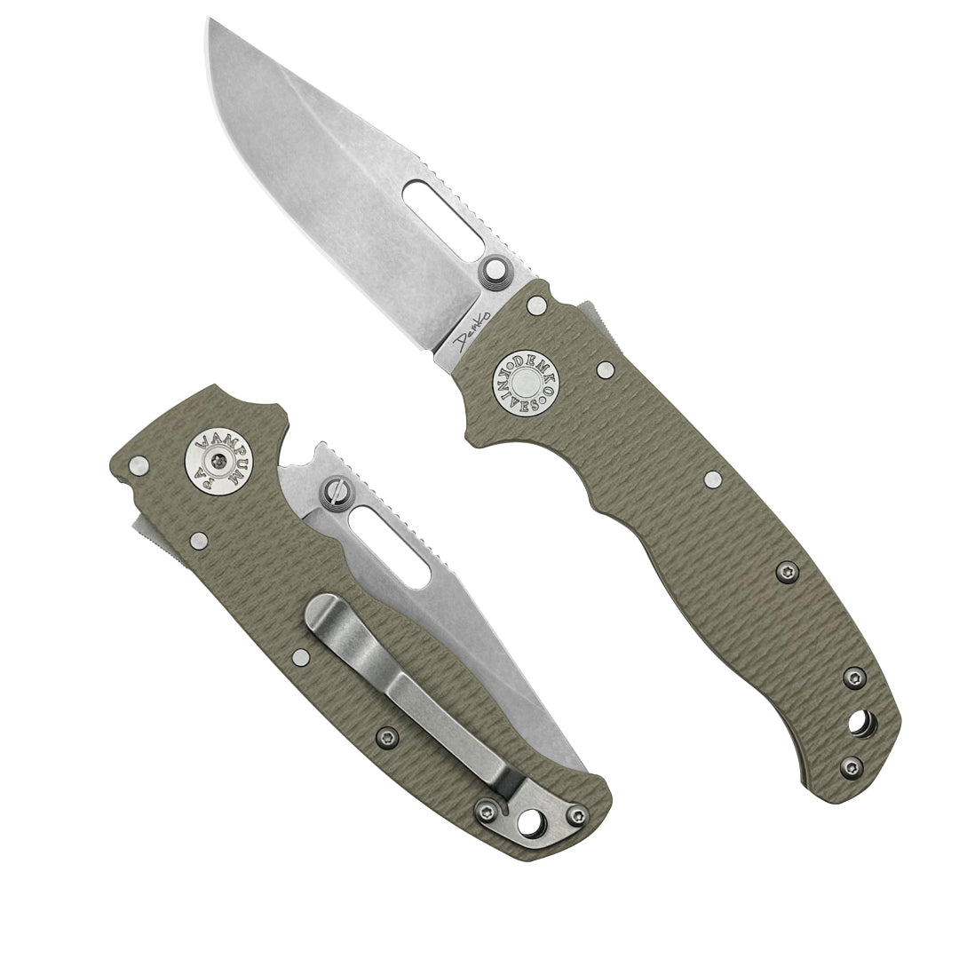AD20.5 Coyote Tan G10 folding knife with a 3V steel clip point blade.