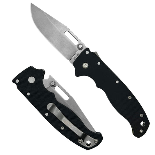 AD20.5 Black Peel Ply G10 folding knife with a D2 steel clip point blade.