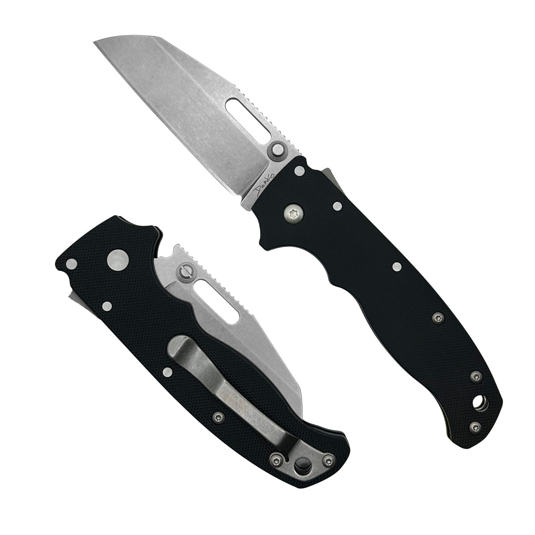 AD20.5 Black Peel Ply G10 folding knife with a D2 steel shark foot blade.