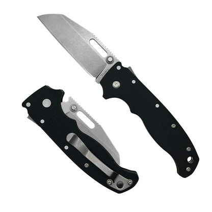 AD20.5 Black Peel Ply G10 folding knife with a D2 steel shark foot blade.