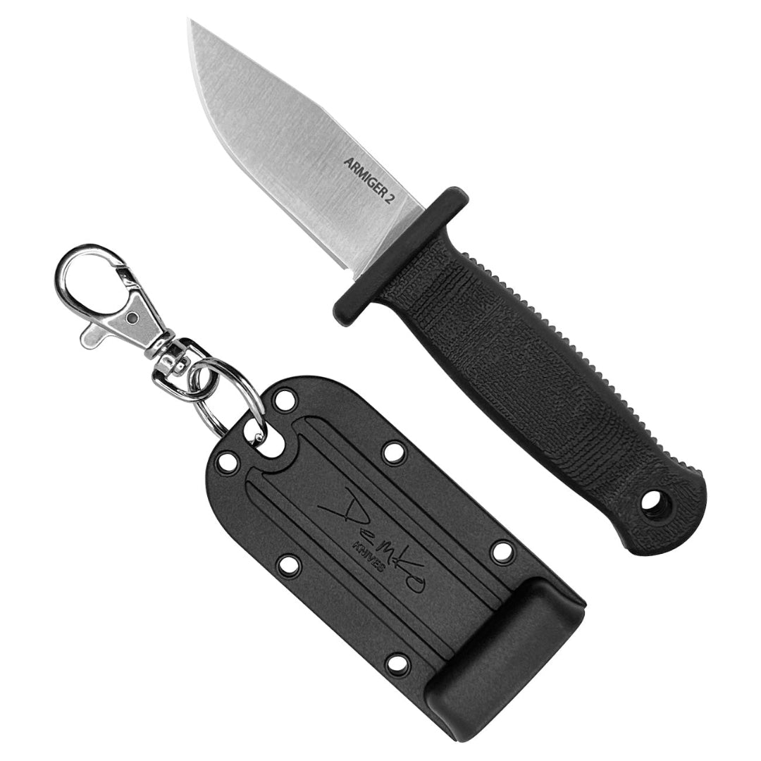 Armiger 2 black fixed clip point blade knife with sheath and keychain clip.