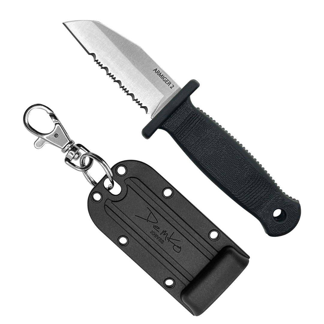 Armiger 2 black shark foot fixed blade serrated knife with sheath and keychain clip.