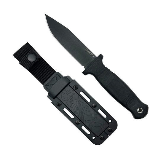 Armiger 4 black fixed blade clip point knife with sheath.
