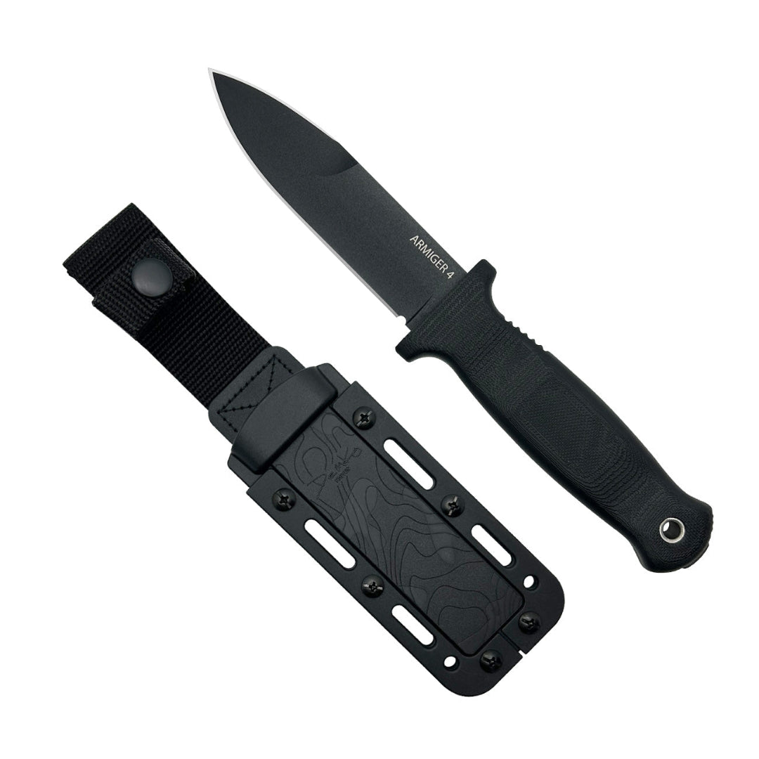 Armiger 4 Black spear point knife with sheath.