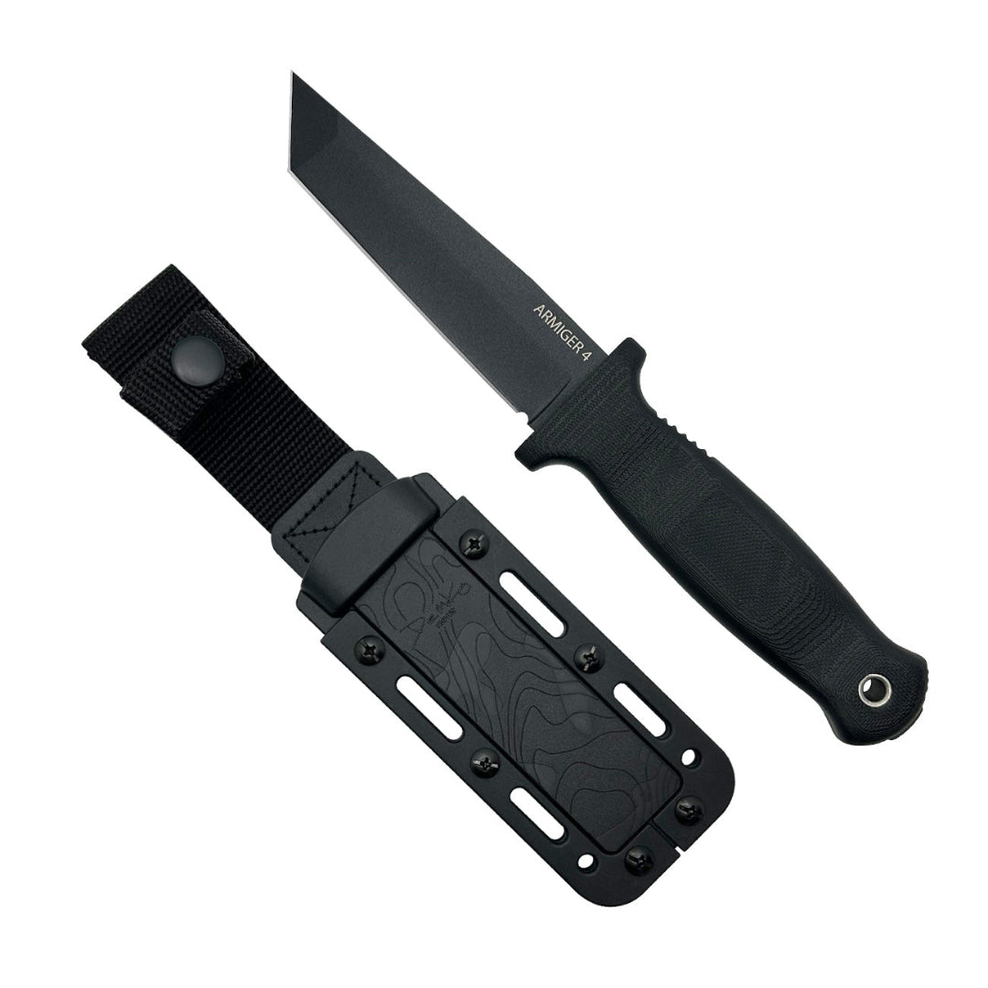 Armiger 4 black fixed blade tanto knife with sheath.