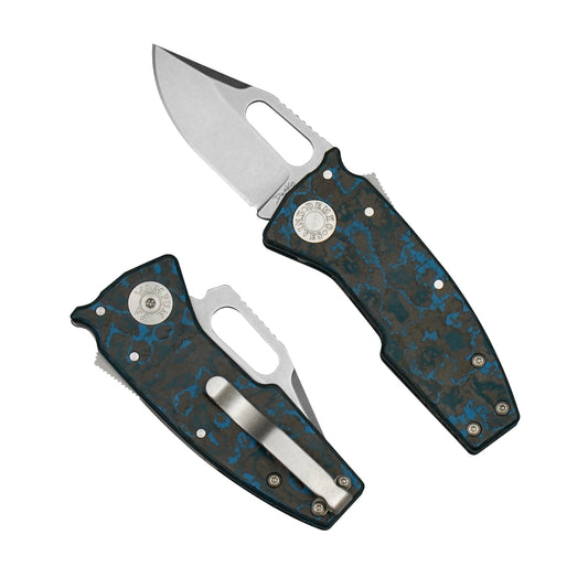 Nano-Shark Arctic Storm fat carbon folding knife with a CPM20CV clip point blade.