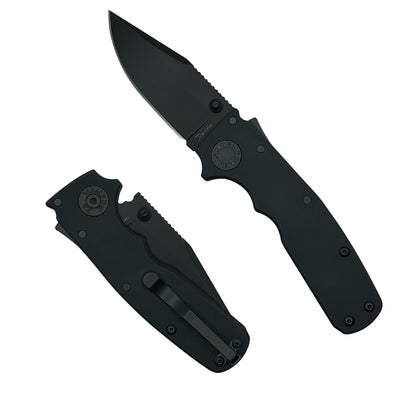Shark-Cub Stealth Black Anodized Aluminum folding knife with a CPM20CV DLC clip point blade.