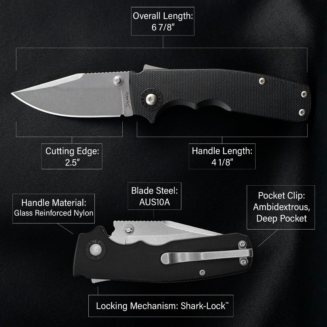 Shark-Cub folding knife with specifications on a black background.