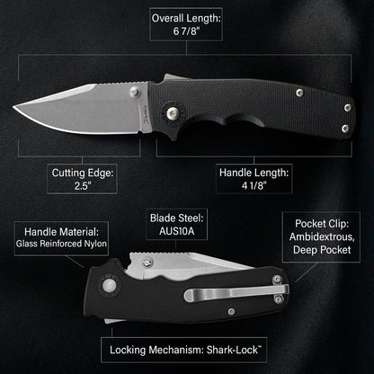 Shark-Cub folding knife with specifications on a black background.