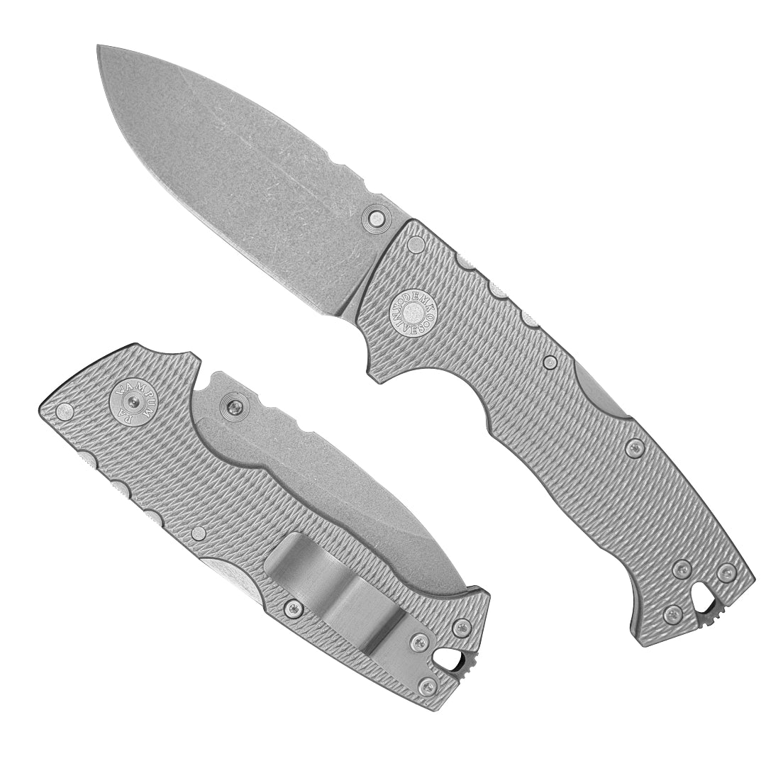 American made AD10M folding knife with MagnaCut drop point blade, our new Rhino-Lock and Milled Titanium handle.