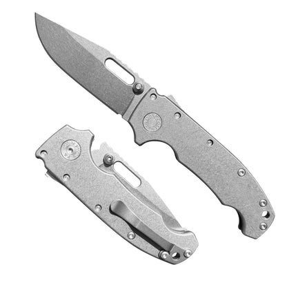 American made AD20 folding knife with MagnaCut drop point blade and Smooth Titanium K1, canoe shaped handle.