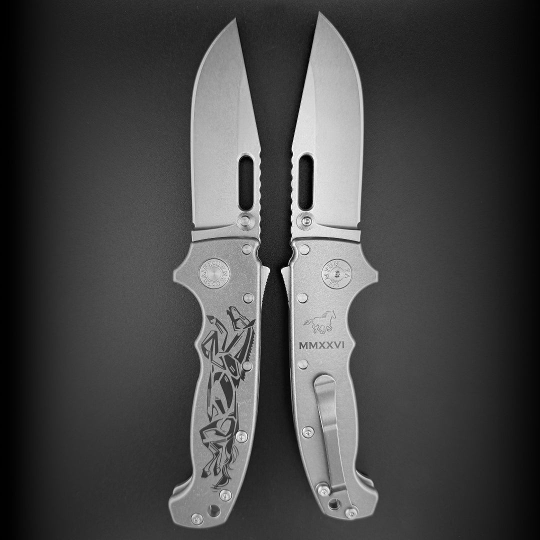 American made AD20 folding knife with CPM3V clip point blade with Smooth Titanium, featuring a laser etch to commemorate the year of the horse.