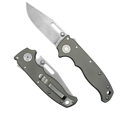 AD20.5 folding knife with a smooth titanium handle and a CPM20CV steel clip point blade.
