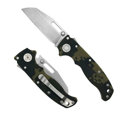 Demko Knives AD20.5 Digital Camouflage G10 folding knife with 3V steel shark-foot blade, open and closed positions on white background