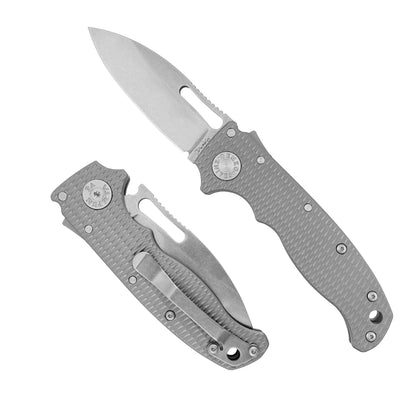 AD20.5 Milled Titanium folding knife with a 3V steel slicer shark blade.