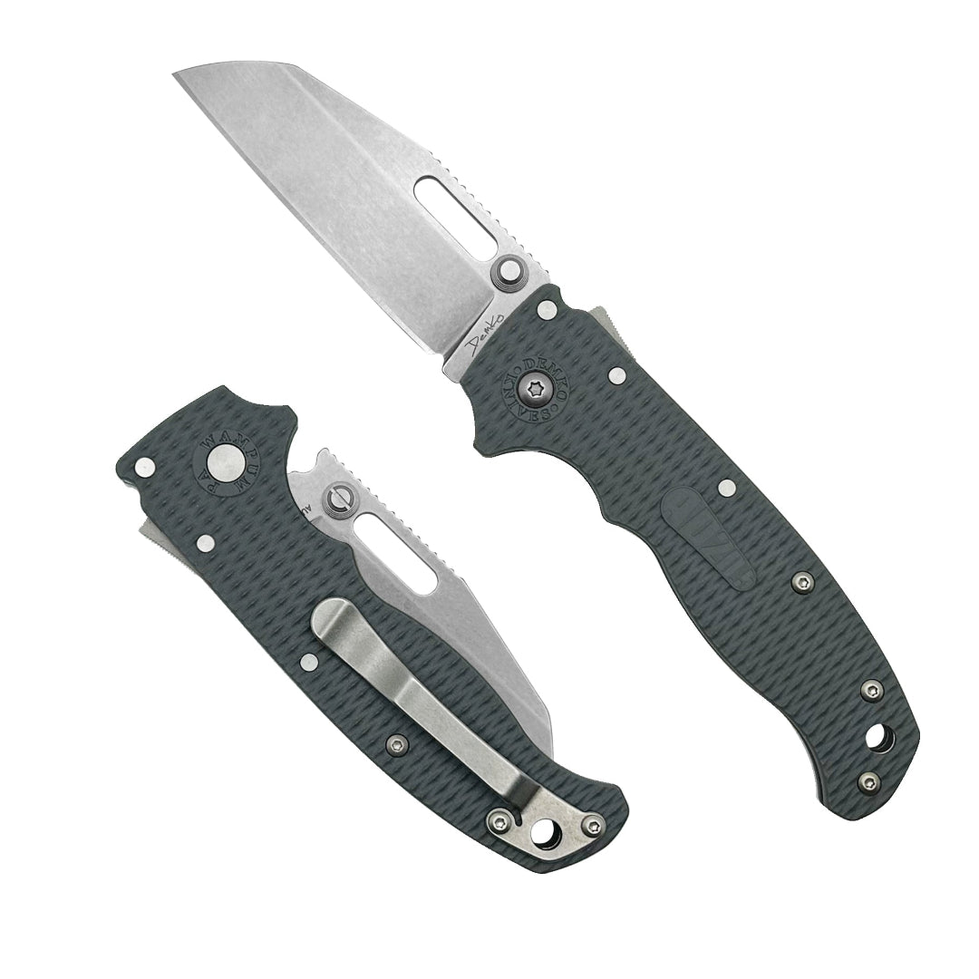 Demko Knives AD20.5 AUS10A Grey Grivory Shark Foot folding knife with shark-lock mechanism.