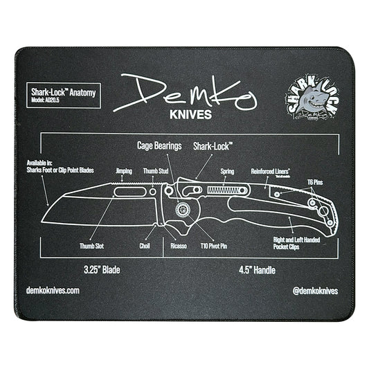 Black mat with an AD20.5 diagram printed on it, and Demko Knives branding.