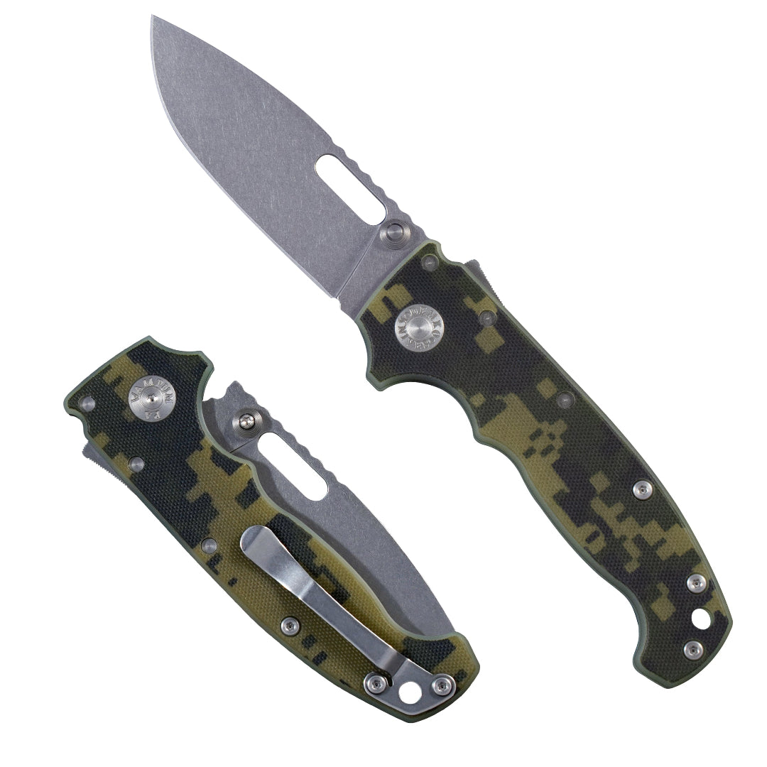 AD20I Slim folding knife with a digital camouflage pattern 1 handle on a white background.