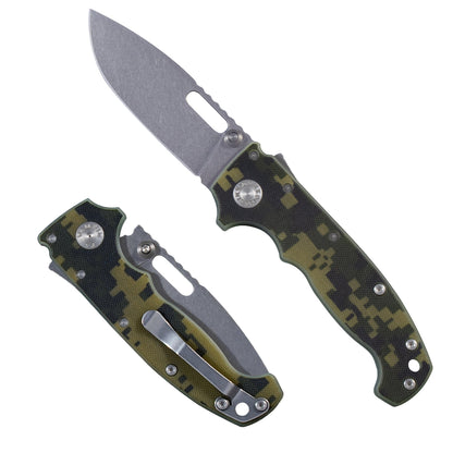 AD20I Slim folding knife with a digital camouflage pattern 1 handle on a white background.