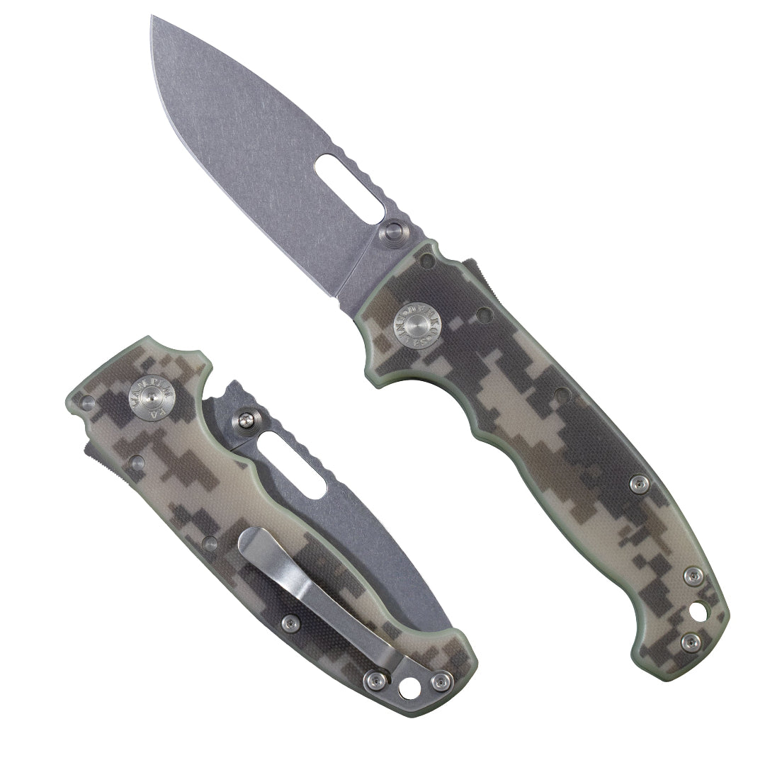 AD20I Slim folding knife with a digital camouflage pattern 2 handle on a white background.