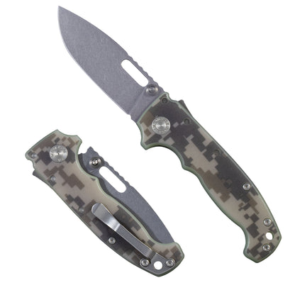 AD20I Slim folding knife with a digital camouflage pattern 2 handle on a white background.