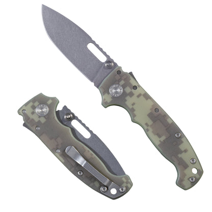 AD20I Slim folding knife with a digital camouflage pattern 3 handle on a white background.