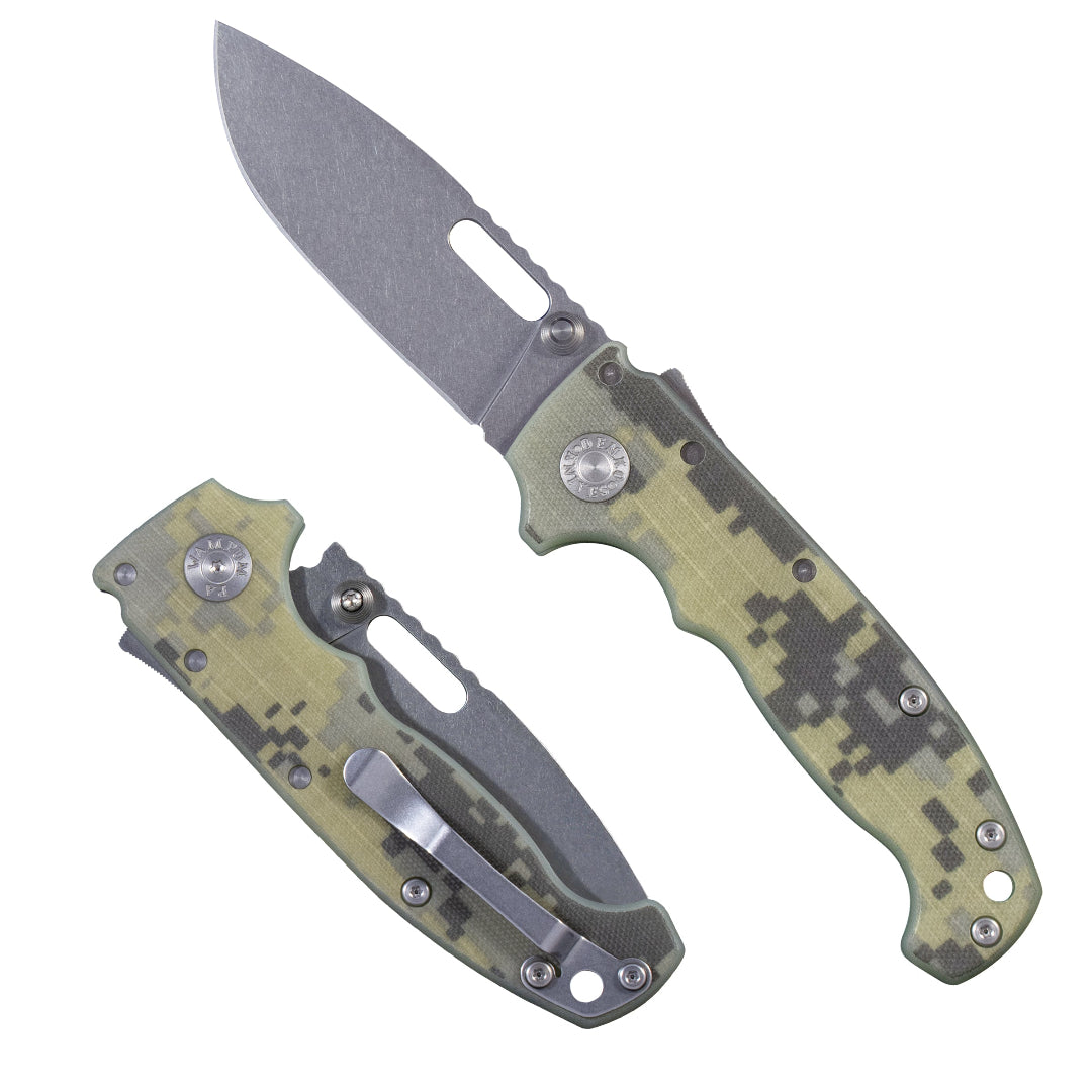 AD20I Slim folding knife with a digital camouflage pattern 4 handle on a white background.
