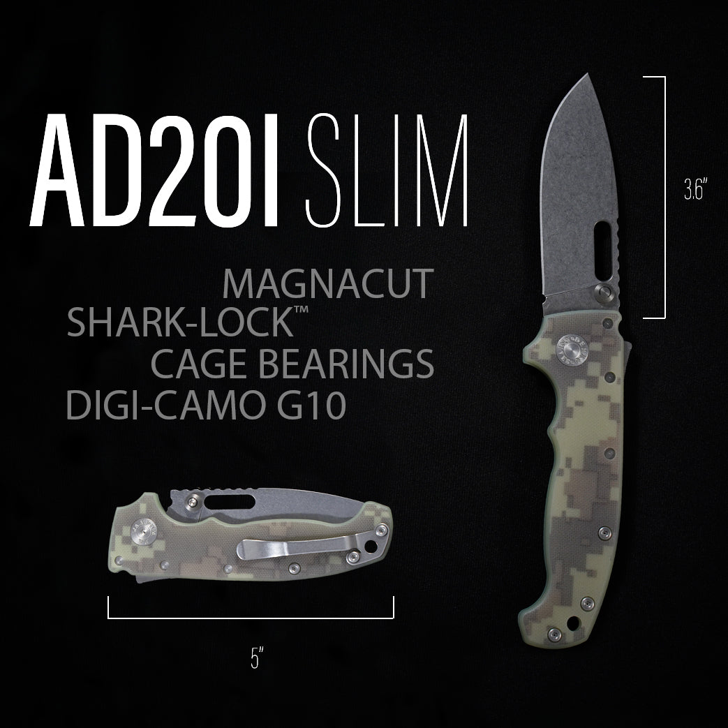 AD20I Slim graphic showing blade and handle lengths with the materials used to build the AD20I Slim folding knife.
