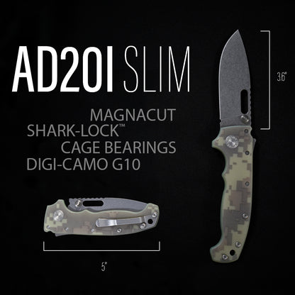 AD20I Slim graphic showing blade and handle lengths with the materials used to build the AD20I Slim folding knife.