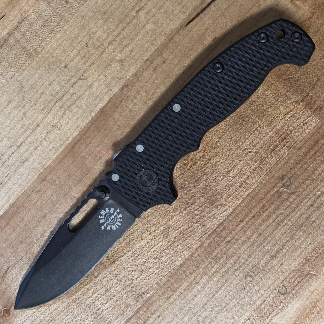 American Made AD20S Black Demko knives dynamics exclusive folding knife with DLC coated blade and logo laser engraved.