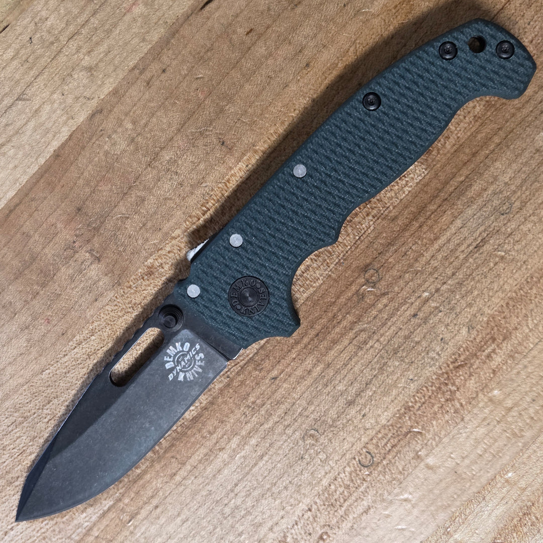 Forest Green Demko knives dynamics exclusive folding knife with DLC coated blade and logo laser engraved.
