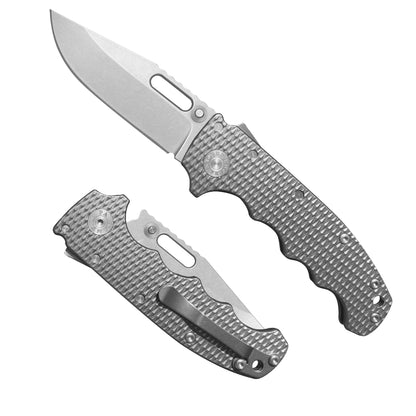 American made AD20S (Slim) folding knife with MagnaCut clip point blade and Milled Titanium full grip handle.