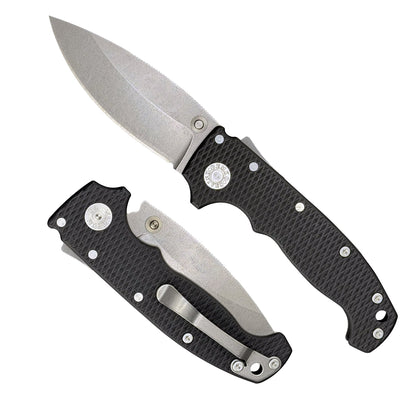 American made AD20S folding knife with MagnaCut barong blade and black G10 handle.