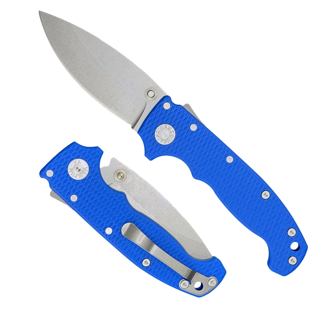American made AD20S folding knife with MagnaCut barong blade and blue G10 handle.