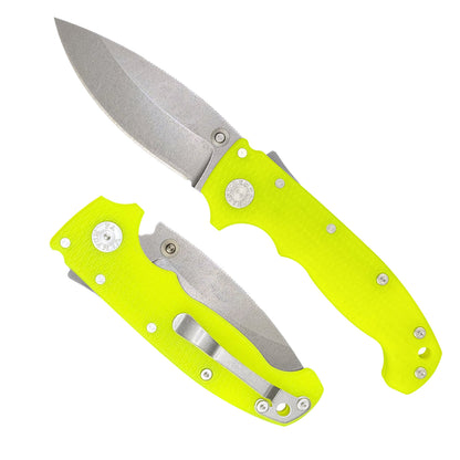 American made AD20S folding knife with MagnaCut barong blade and Day Glow G10 handle.