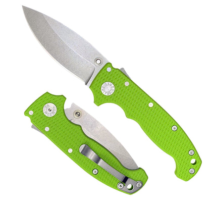 American made AD20S folding knife with MagnaCut barong blade and green G10 handle.