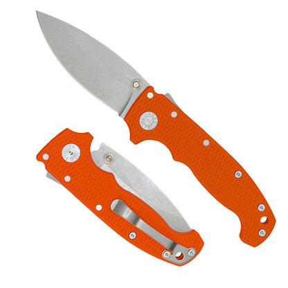 American made AD20S folding knife with MagnaCut barong blade and orange G10 handle.
