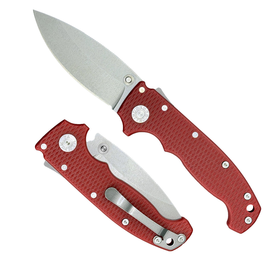 American made AD20S folding knife with MagnaCut barong blade and red G10 handle.