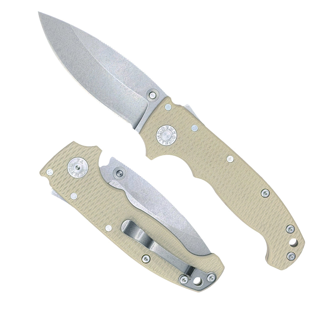 American made AD20S folding knife with MagnaCut barong blade and Tan G10 handle.